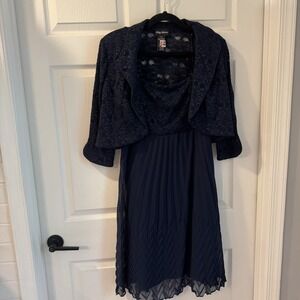 Vintage Kathy Roberts Lace Pleated Dress & Jacket Set‎ Women's Size 16 Navy Blue